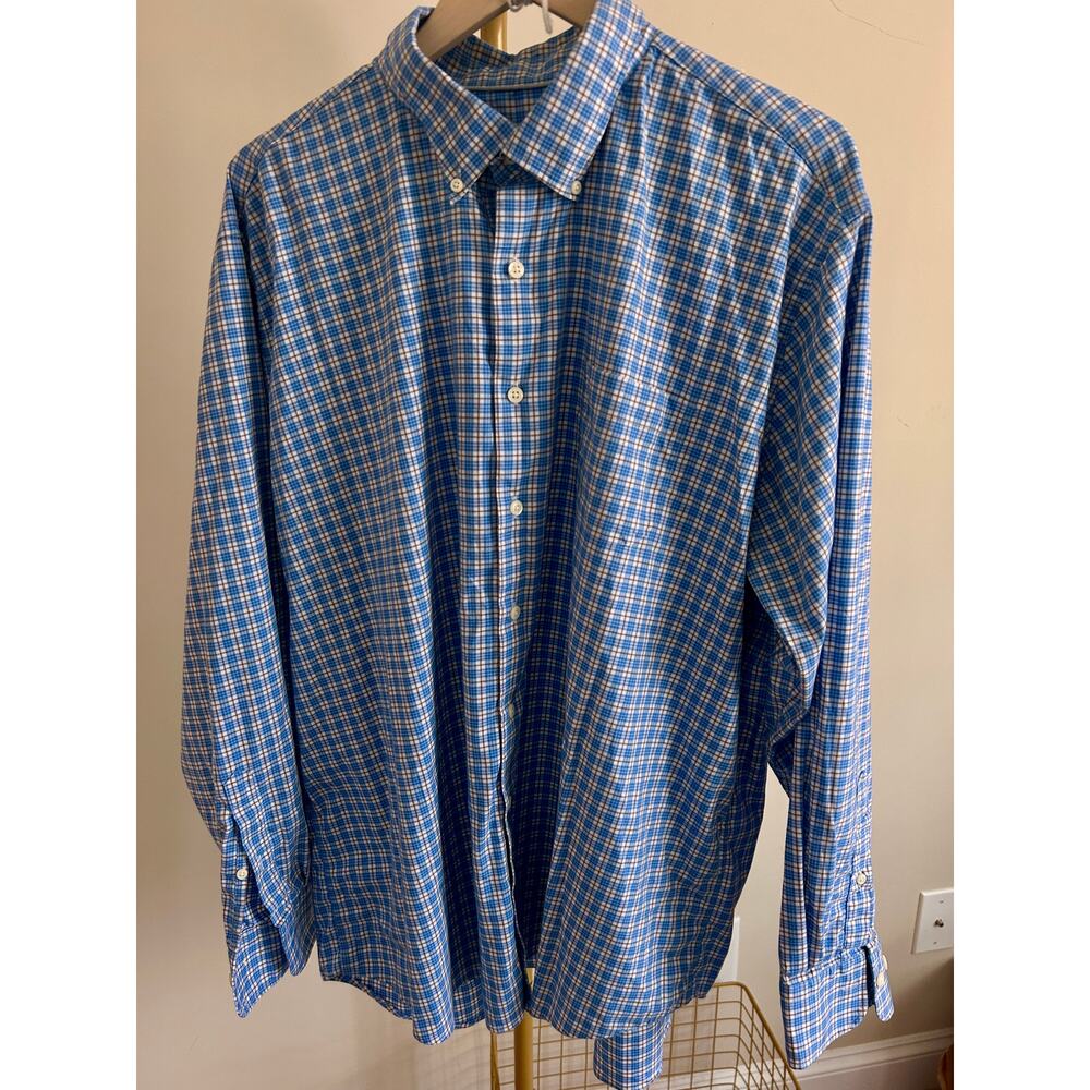Peter Millar Blue Gingham Check‎ Button Down Shirt XXL Cotton Blend Classic Fit